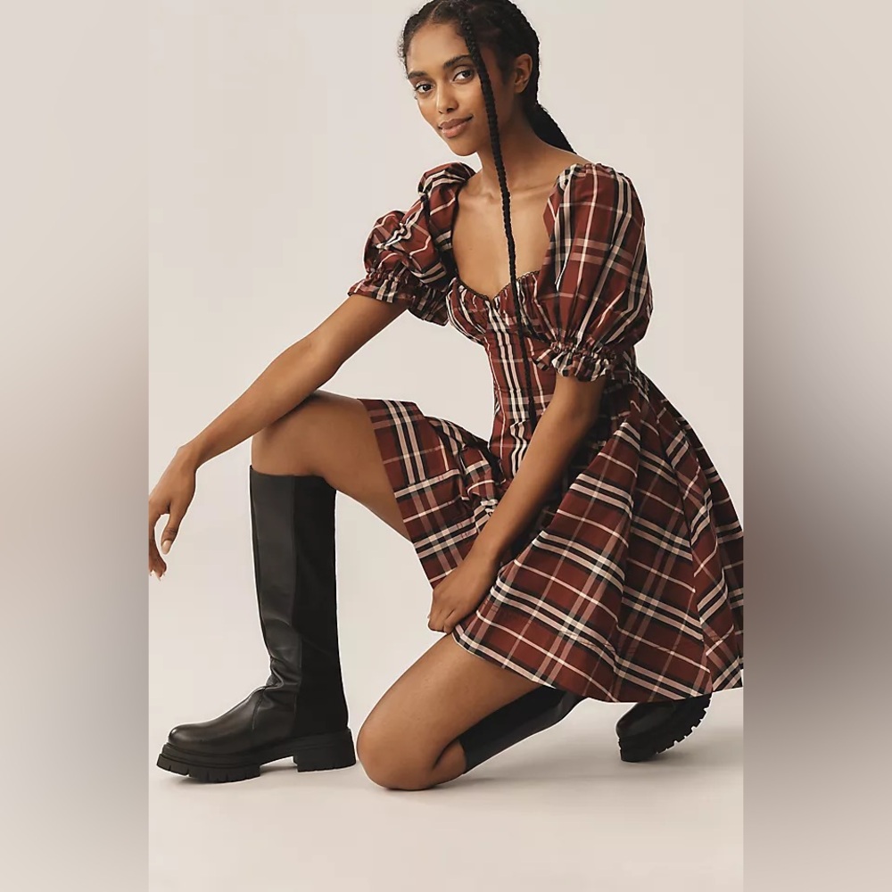 Anthropologie Maeve NEW Plaid striped Puff Sleeve red mini dress